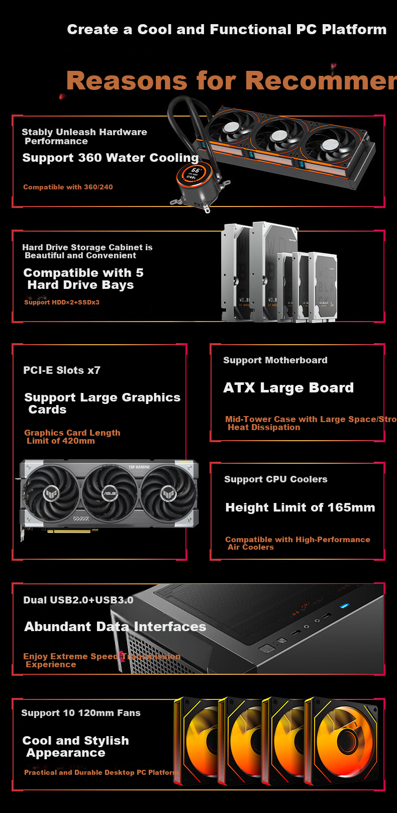 AOC CG397BSE Black Gaming Office Desktop Computer Case ATX Motherboard Support 240mm Water Cooling 8 Fan Slots Mesh Cooling 7 PCI Slots Compatible with 5070 2