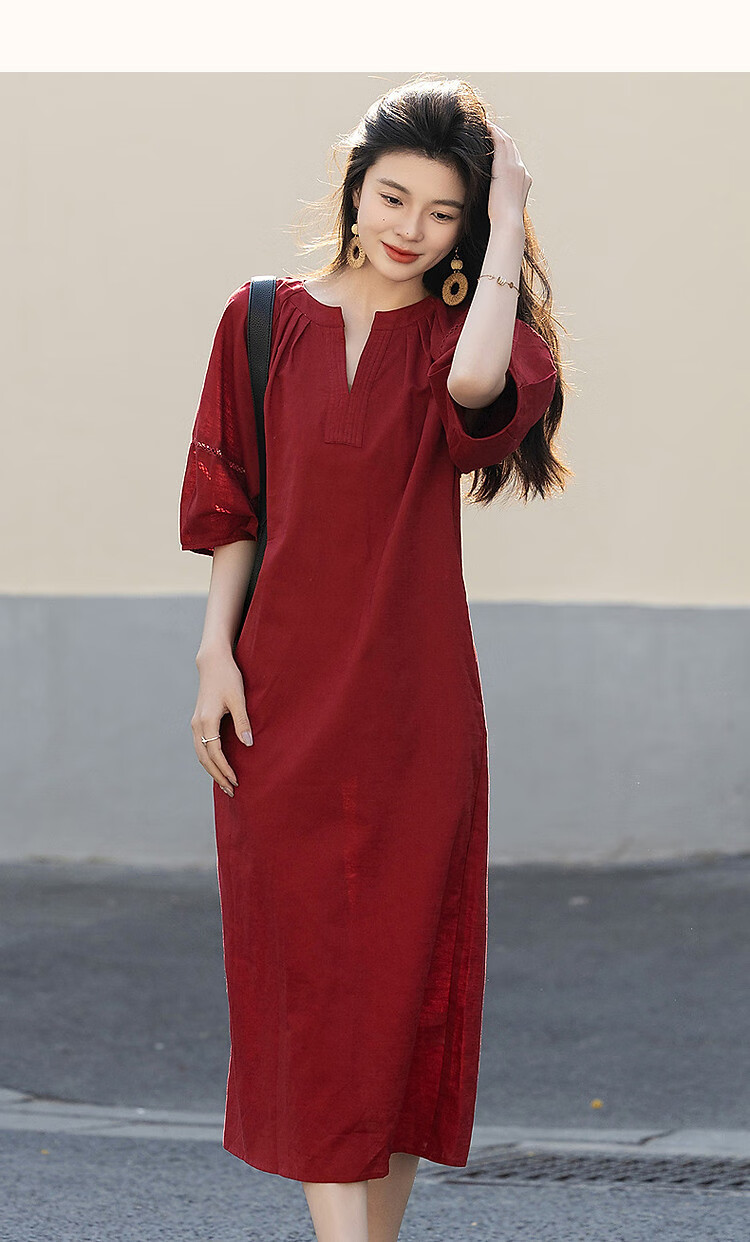 Dme [Chunmuji] Summer Smooth Linen Cotton Bamboo Jersey Round Neck Loose Straight Dress for Petite Wome 11