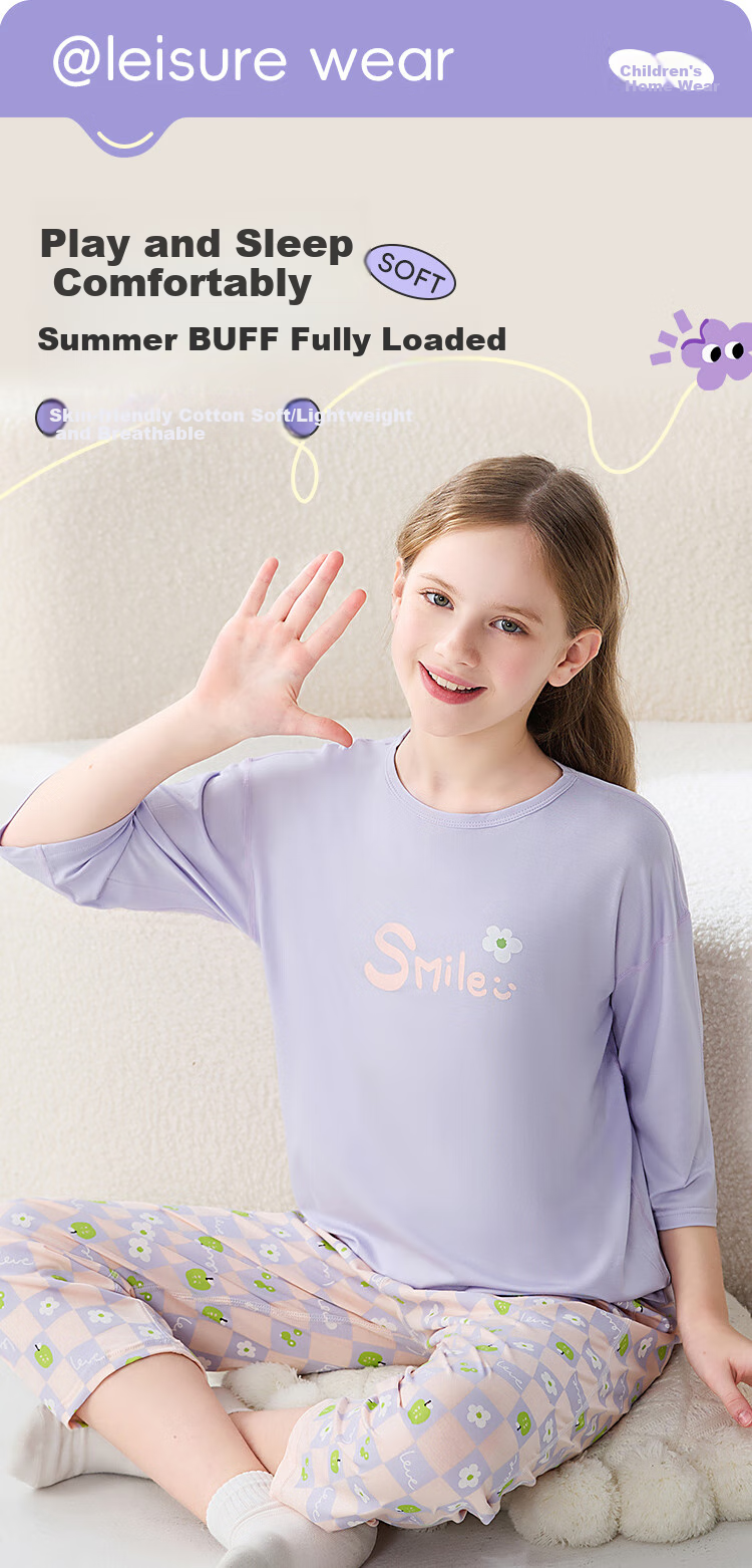 LangSha Children's Pajamas for Girls, Summer Thin Lycra Cotton Three-Quarter Sleeve Sleepwear Set for Middle And High School Students, Teenage Home Wear 1