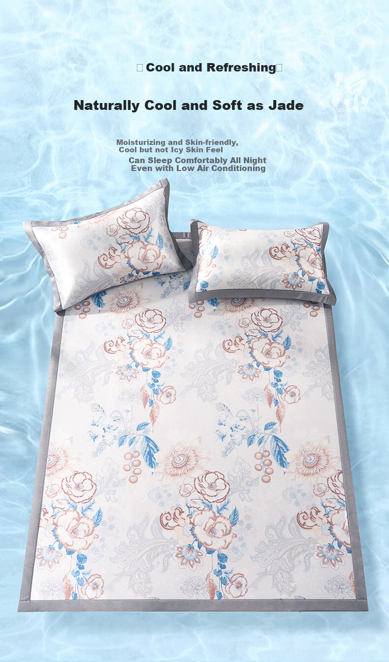 FUANNA Summer Ice Silk Mat, Washable Chinese-Style Printed Cooling Air Conditioning Mat, Elastic Style Double Size Three-Piece Set, 1.8*2 Meters 2