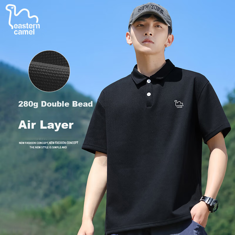 EASTERN CAMEL Short-Sleeve Polo Shirt for Men, Summer Heavyweight Breathable Solid Color Sports Collared Outdoor T-Shirt Top, Black, XL