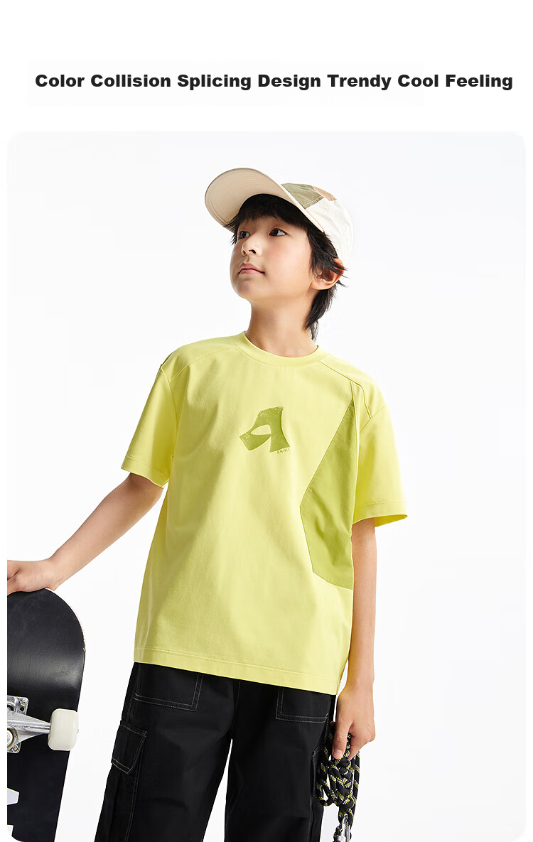 Annil Boys' Round Neck Short-Sleeve T-Shirt, 2025 Summer New Style, Quick-Dry Breathable Cool-Feeling Casual Elastic Contrasting Color 1