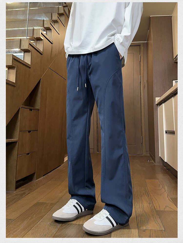 Dingfengbaoluo American Retro Long Pants, Summer High Street Casual Men's Loose Straight Wide-Leg Slightly Flared Trousers SPD01 Off-White 2XL 1