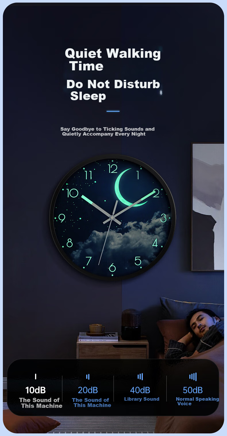 BBA Wall Clock, Creative Night Light, Living Room Wall-Mounted, Home Use Luminous Wall Clock, Bedroom Timepiece, Moon - Ambient Light, 30cm 8