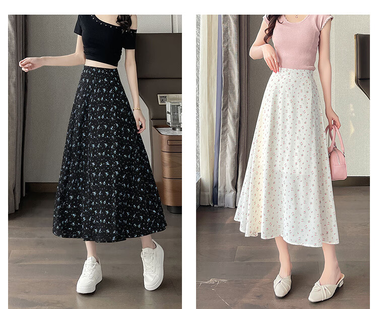 Awakening Paradise 2026 Summer New Slimming A-Line Mid-Length Skirt White Base Black Floral One Size 3