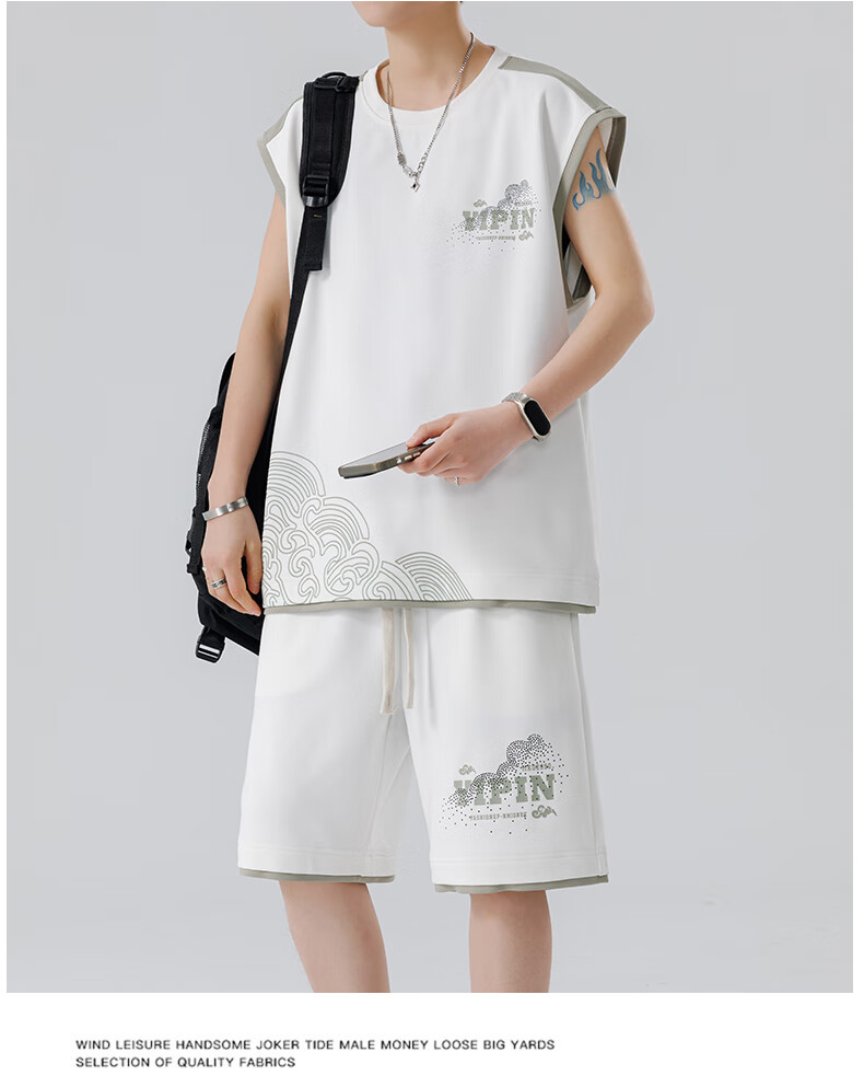 Foss Phil Men's Summer Sports Set Ice Silk Sleeveless T-Shirt and Loose Shorts Vest T07 White 2XL 16