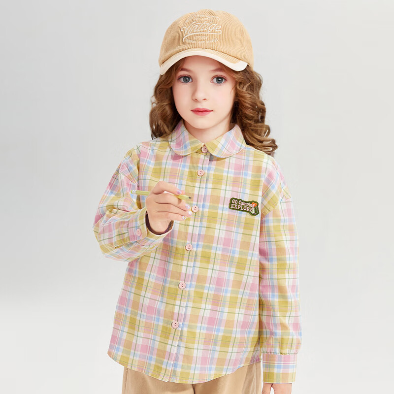 DEESHA Girls' Plaid Shirt Top for Autumn 2025, Trendy Yellow Plaid Design, Size 130