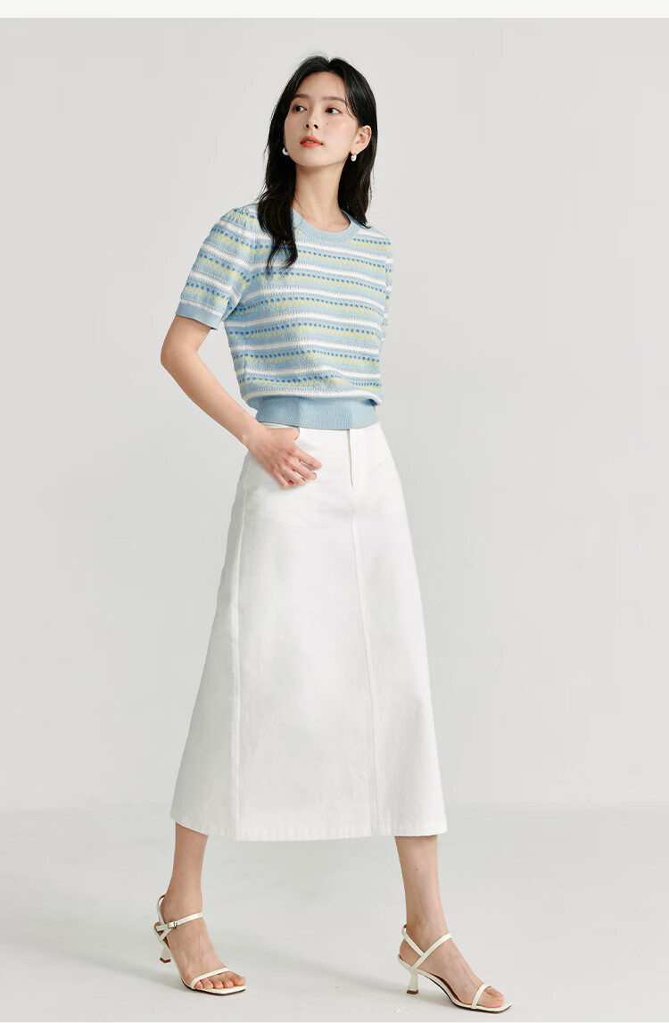 INMAN [Showroom Style] Suoluna Cool-Feeling Striped Short-Sleeve Women's Top, Summer 2026 Knitted Sweater, Yellow, Size L 14