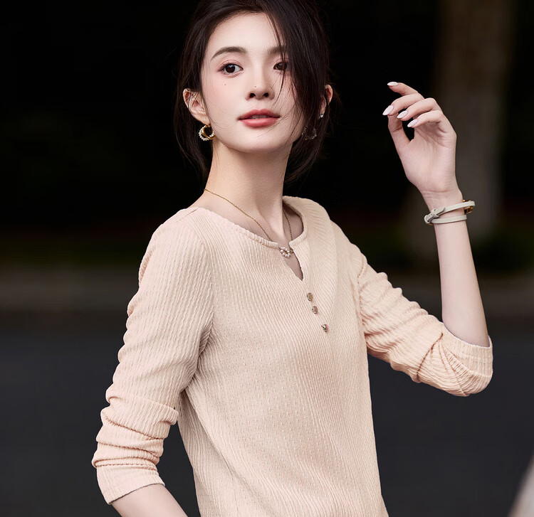 Sentubila [Solid Color Long-Sleeve T-Shirt], 2025 Autumn Vertical Striped Textured V-Neck Placket Three-Button Elastic Long T-Shirt 8