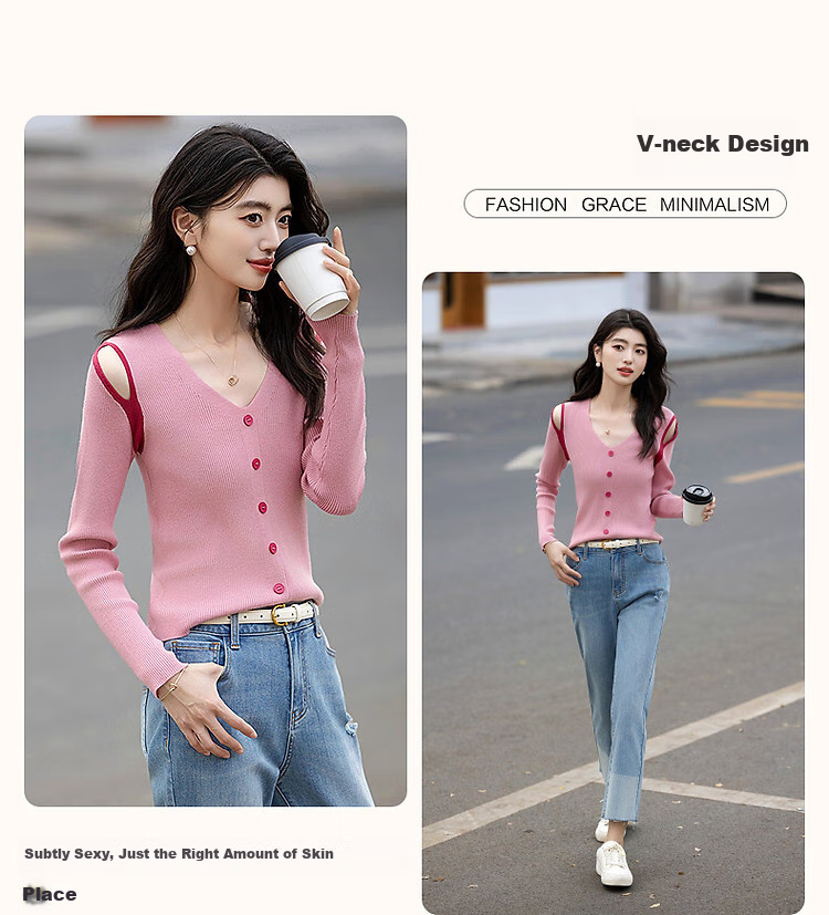 Dme [Soft Cloud Feel] Summer French Off-Shoulder V-Neck Sweater, Hollow-Out Contrasting Color Long-Sleeve Comfortable Knit Top for Wome 5