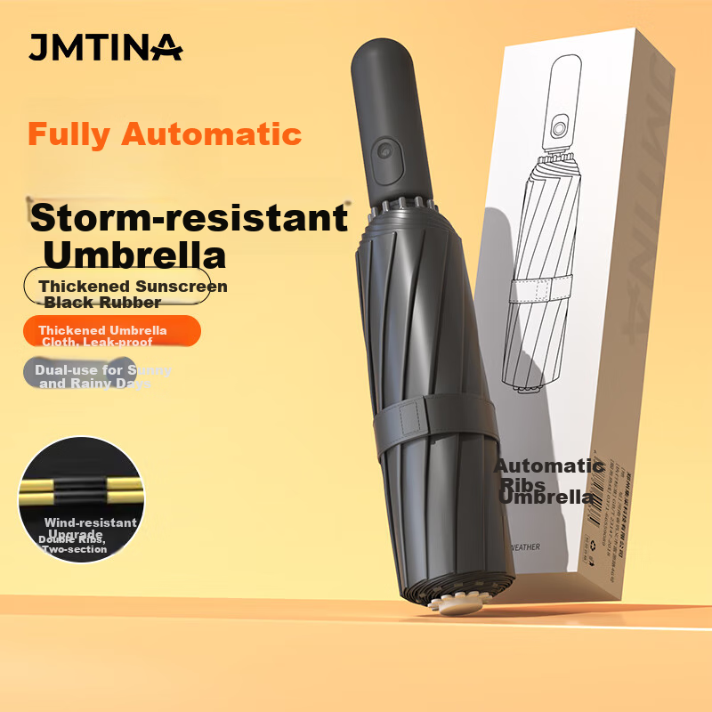 JMTINA Fully Automatic Umbrella, Black Rubber Reinforced Folding Umbrella, Suitable for Both Sunny And Rainy Days, Lightweight Student Umbrella, Sun Protection, Windproof, 8 Ribs, Black Color