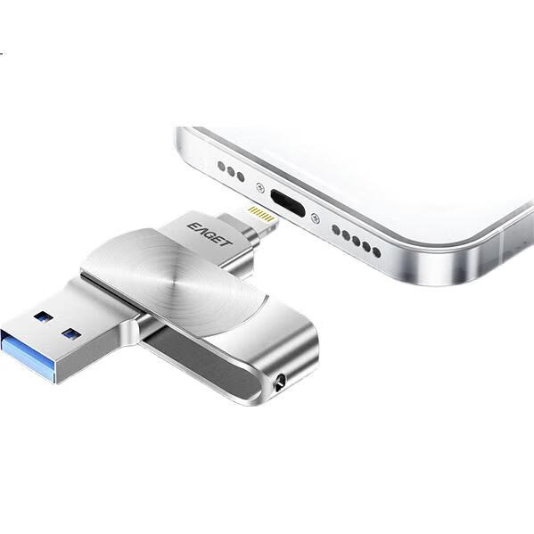 Флеш-накопитель EAGET I66 Lightning USB 3.0, 128 ГБ, MFi сертифицированный, для iPhone/iPad и компьютеров, серебристый