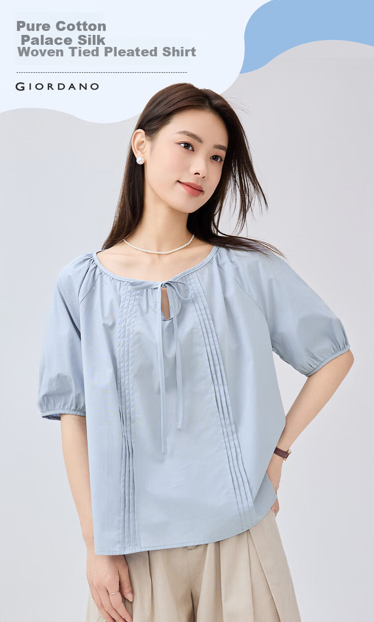 Giordano Women's Short-Sleeve Shirt, Pure Cotton, Brocade, Tie-Up Collar, Pleated, Raglan Sleeve, French Style, Elegant Blouse, 13345305 3