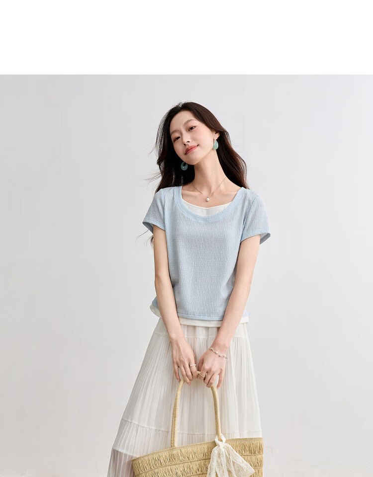Sentubila Color Block Round Neck Waist Side Pleated Short Sleeve Textured T-Shirt for Women, Summer Commute Fashion Elegant Versatile Top 4