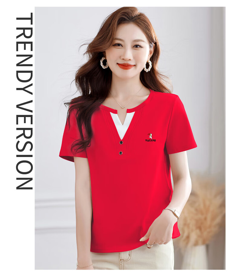 Woodpecker Women's Short Sleeve V-Neck Cotton T-Shirt, Summer Colorblock Slim Fit Plus Size 4XL, Red 21