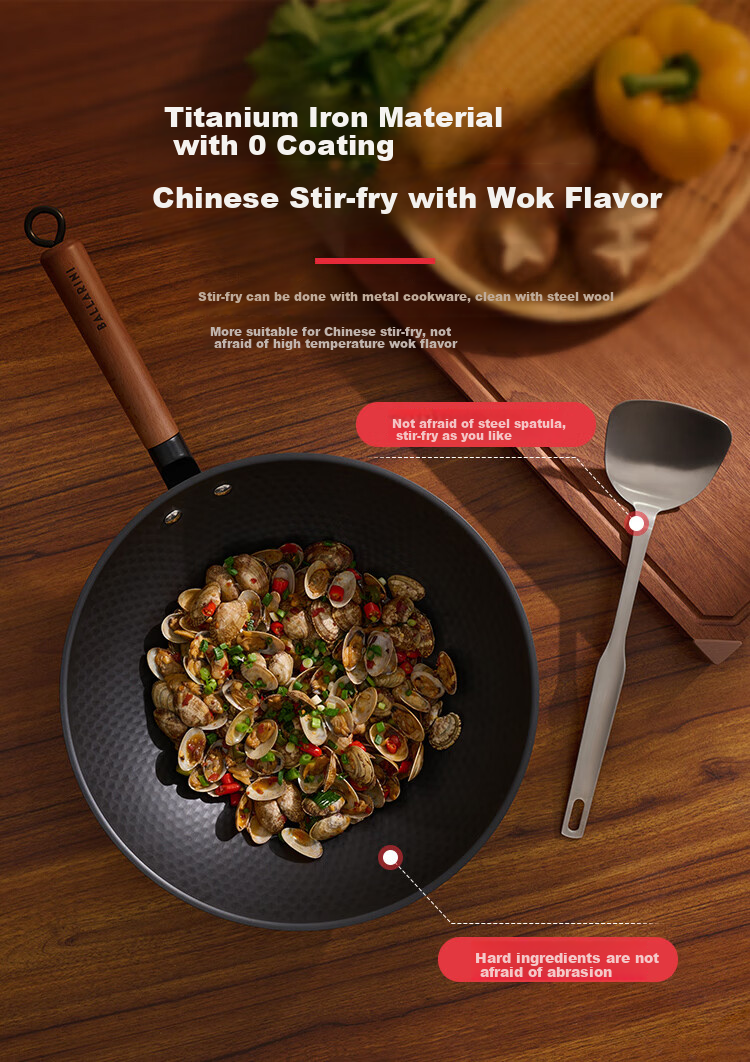 BALLARINI Titanium Non-Coated Seasoned Iron Wok, Suitable for Induction Cookers, Large Diameter Stir-Fry Pan, 32CM 2