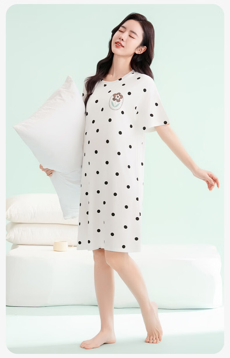 FENTENGCARE Women's Nightgown with Built-In Bra Pads, Round Neck Short Sleeve Short Skirt Polka Dot Breathable Dress Loungewear Gift for Girls 15