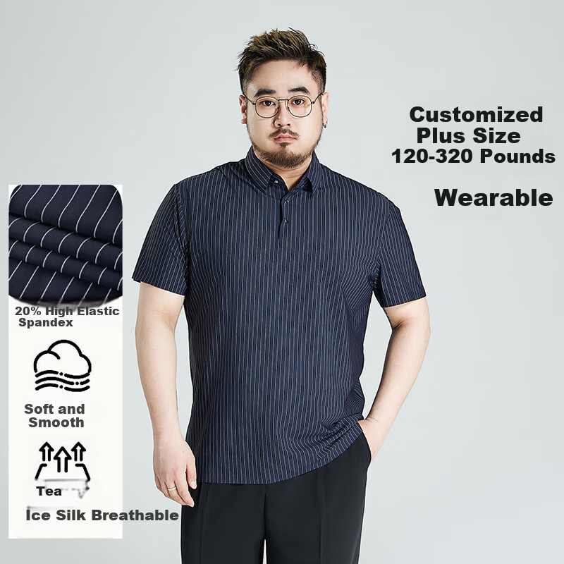 Ayoupang Summer Short-Sleeve Ice Silk Plus-Size Polo Shirt, Business Striped Loose Elastic T-Shirt for Men, Navy Blue, XL