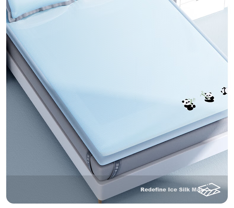 YUZHAOLIN Class A 600D Ice Silk Cooling Mat, Double-Sized Three-Piece Set, Blue Panda Pattern, 150*200cm, Antibacterial And Foldable 2