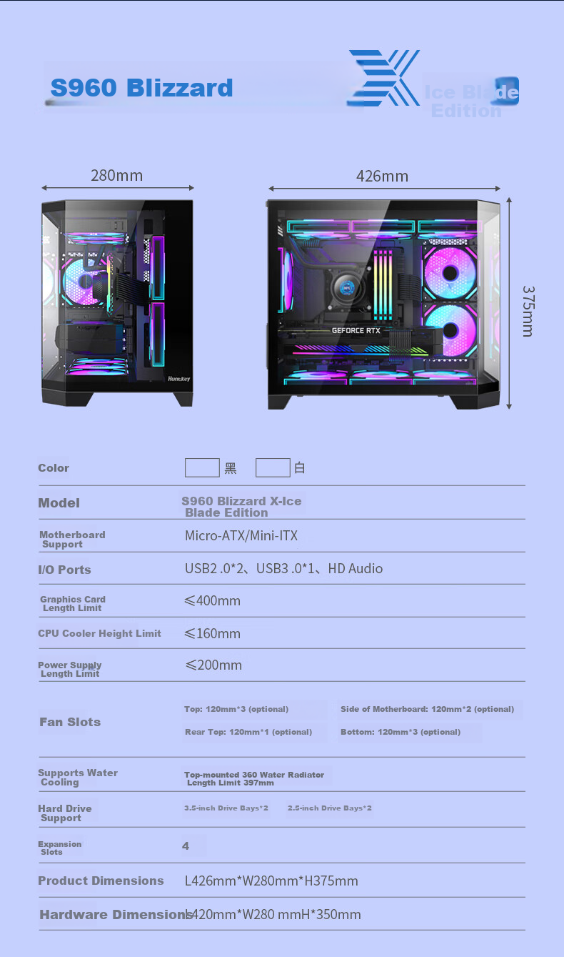 Huntkey S960 Storm X Ice Blade Edition Black Panoramic View Seaside Case (Three-Sided Tempered Glass Panel/Left And Right Zones/360mm Water Cooling/9 Fan Positions/MATX Motherboard) 18