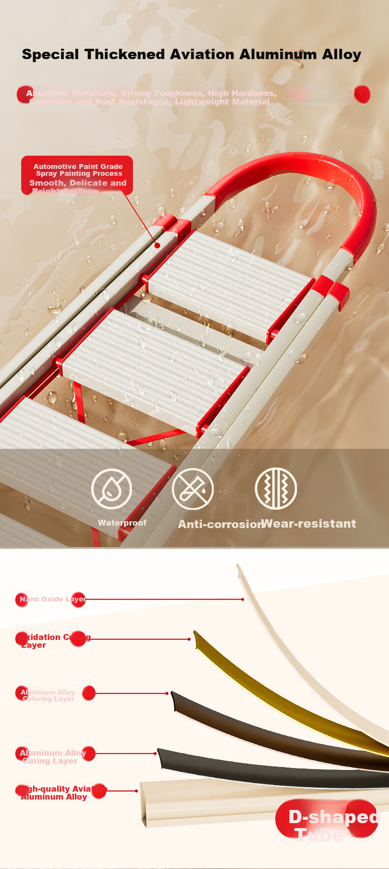 DU PONT Folding Aluminum Alloy Ladder for Home Use, Thickened A-Frame Ladder, Climbing Ladder, Safety Ladder, Step Ladder, Red And White, 5 Steps 5