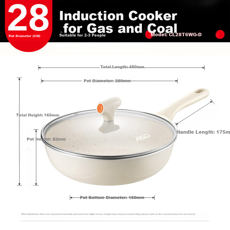 ASD Wok with Ceramic Exterior And Non-Stick Interior, Flat Bottom Frying Pan for Home Use, 28cm, Compatible with Gas And Induction Stoves, CL28T6WG-D