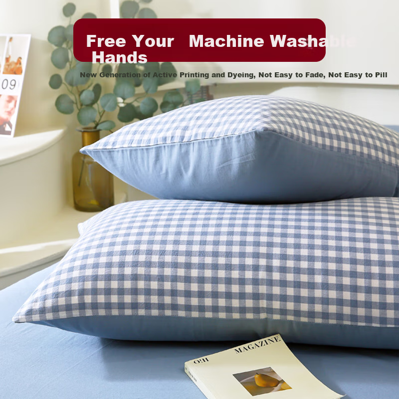 Hodo A-Type Pure Cotton Pillowcase Set of Two, All-Cotton Woven Pillowcase, Thickened Inner Liner, 48x74cm, Blue Small Check Patter