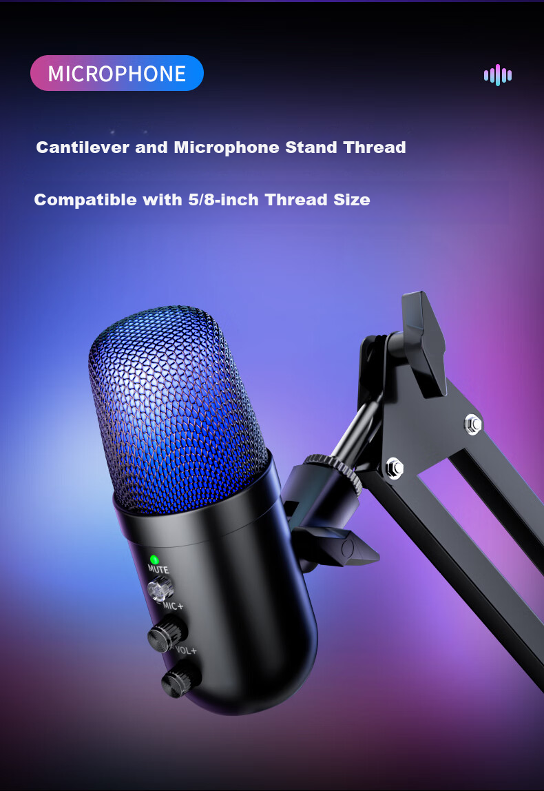 Haomuren Suspended Arm Stand Computer Microphone, USB Desktop Noise-Cancelling Microphone, Gaming E-Sports Live Streaming Condenser Mic for Desktop And Laptop Recording, Karaoke, Streamer Voice-Over Equipment 7
