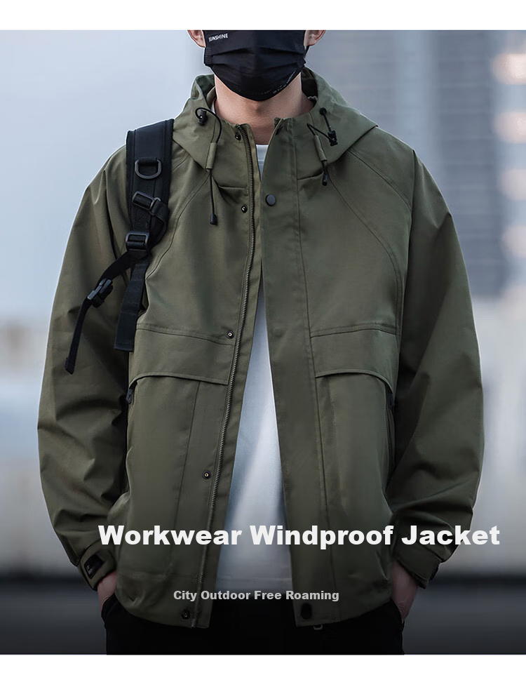 JEEP Men's Jacket, Spring And Autumn Outerwear, Trendy Hooded Windbreaker, Casual Loose Workwear Clothing, Army Green, Size L 1