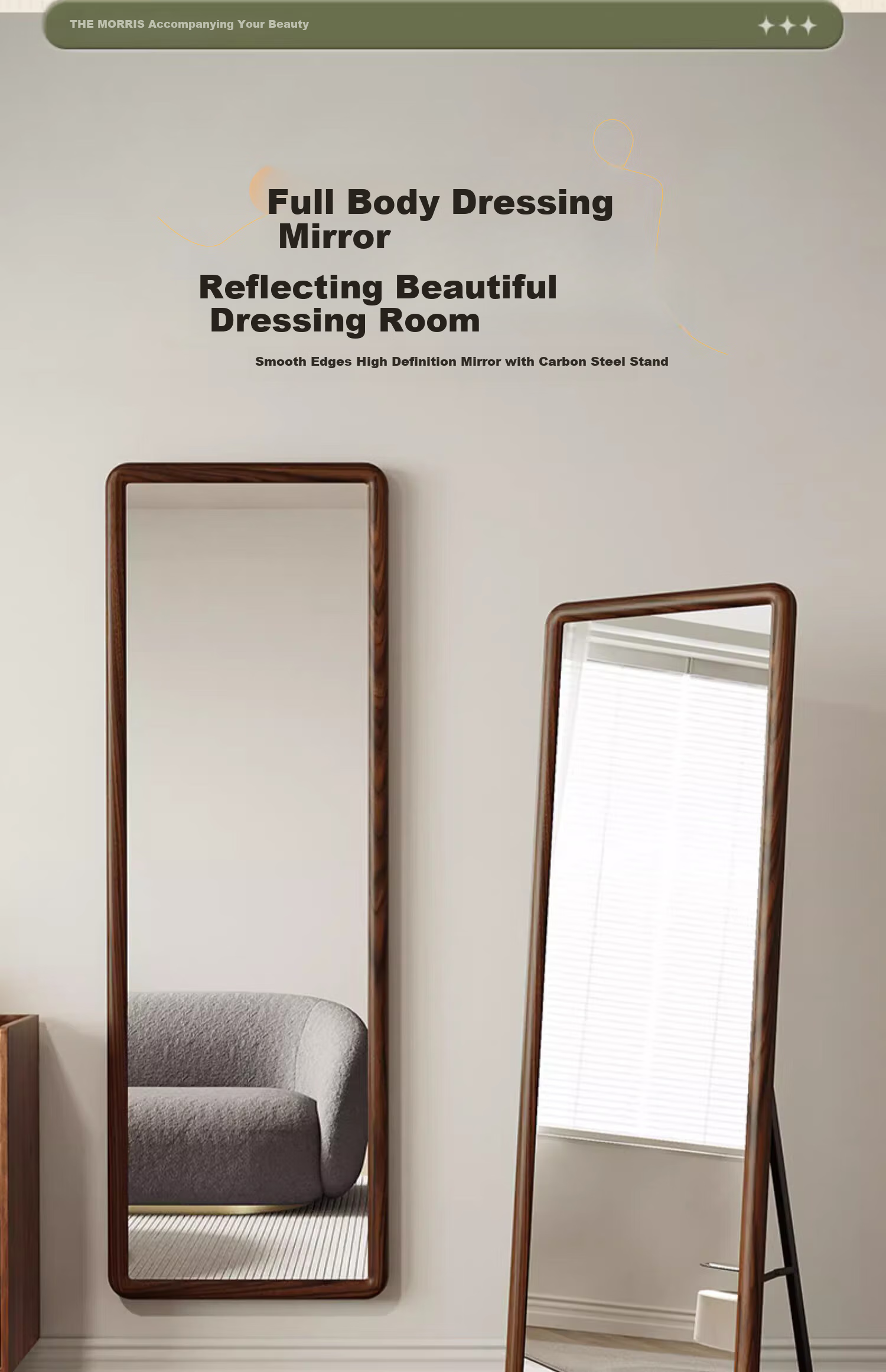 Milin Floor-Standing Full-Length Mirror, Wall-Mounted Dressing Mirror for Clothing Stores, Simple Home Use Mirror with Walnut Color Frame, 150cm 1