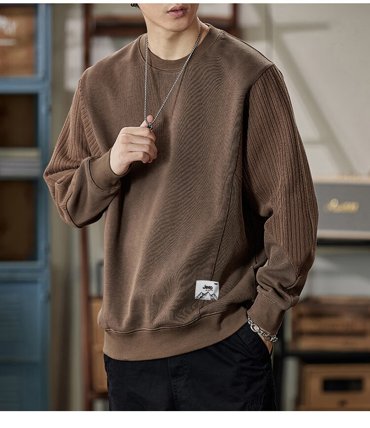 JEEP Men's Color Block Sweatshirt, Loose Fit T-Shirt Undershirt for Spring And Autumn, Casual Heavyweight Menswear, Apricot Color Block, 2XL 10