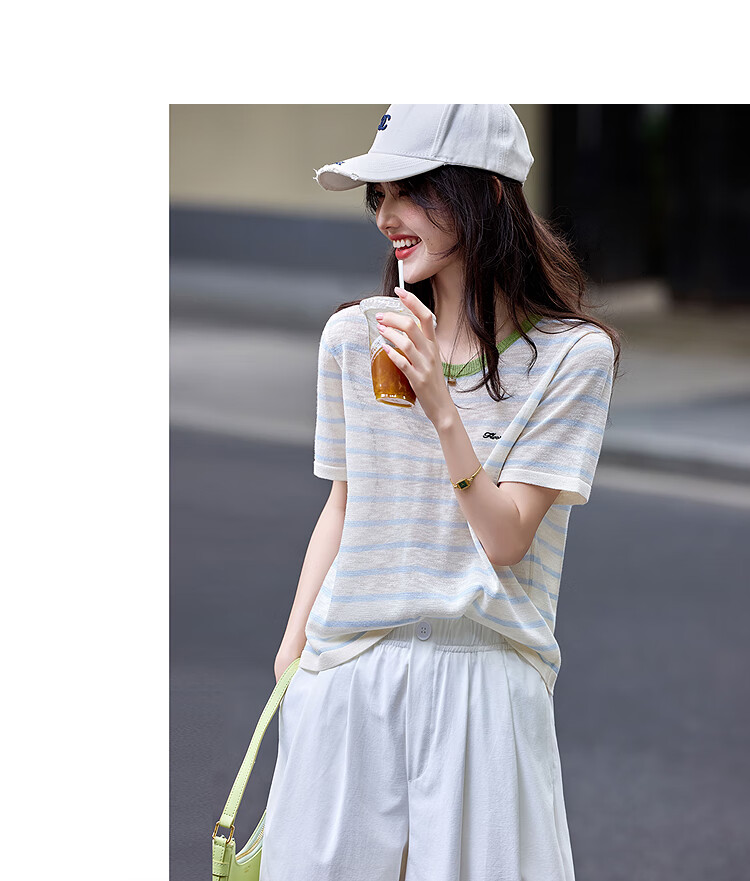 Awakening Paradise 26 Summer Korean Slim Fit Slimming Round Neck T-Shirt Top Short Sleeve Knitwear Blue Striped One Size 9