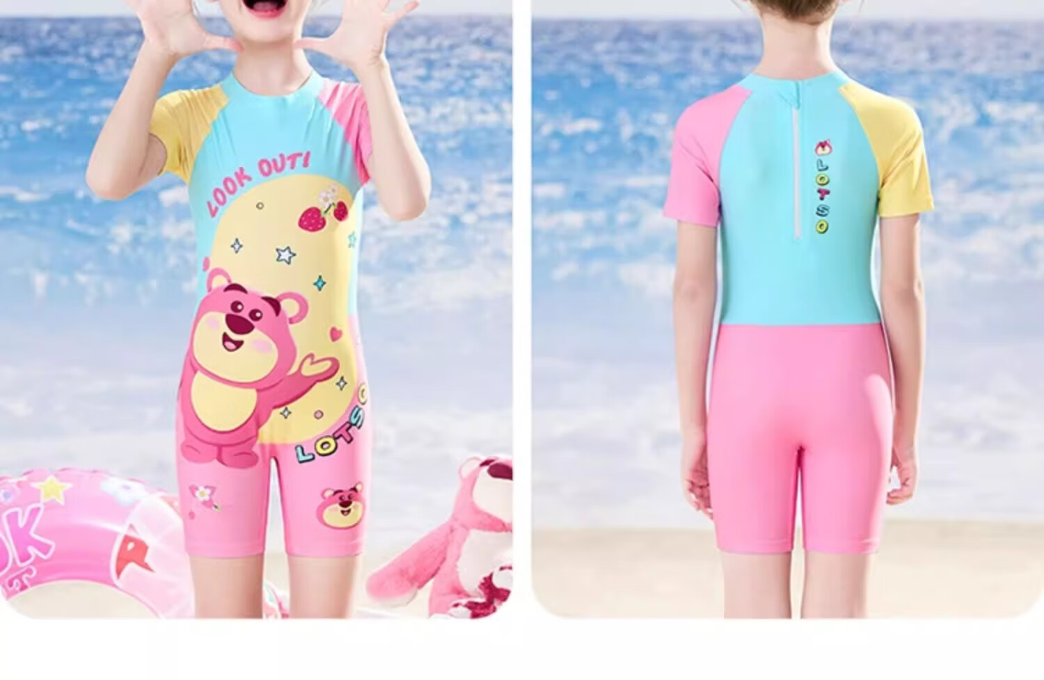 Dishini Girls' One-Piece Swimsuit with Square Leg, Professional Training Swimming Set for Ages 6-12, D35405 Strawberry Bear, Size 120 14