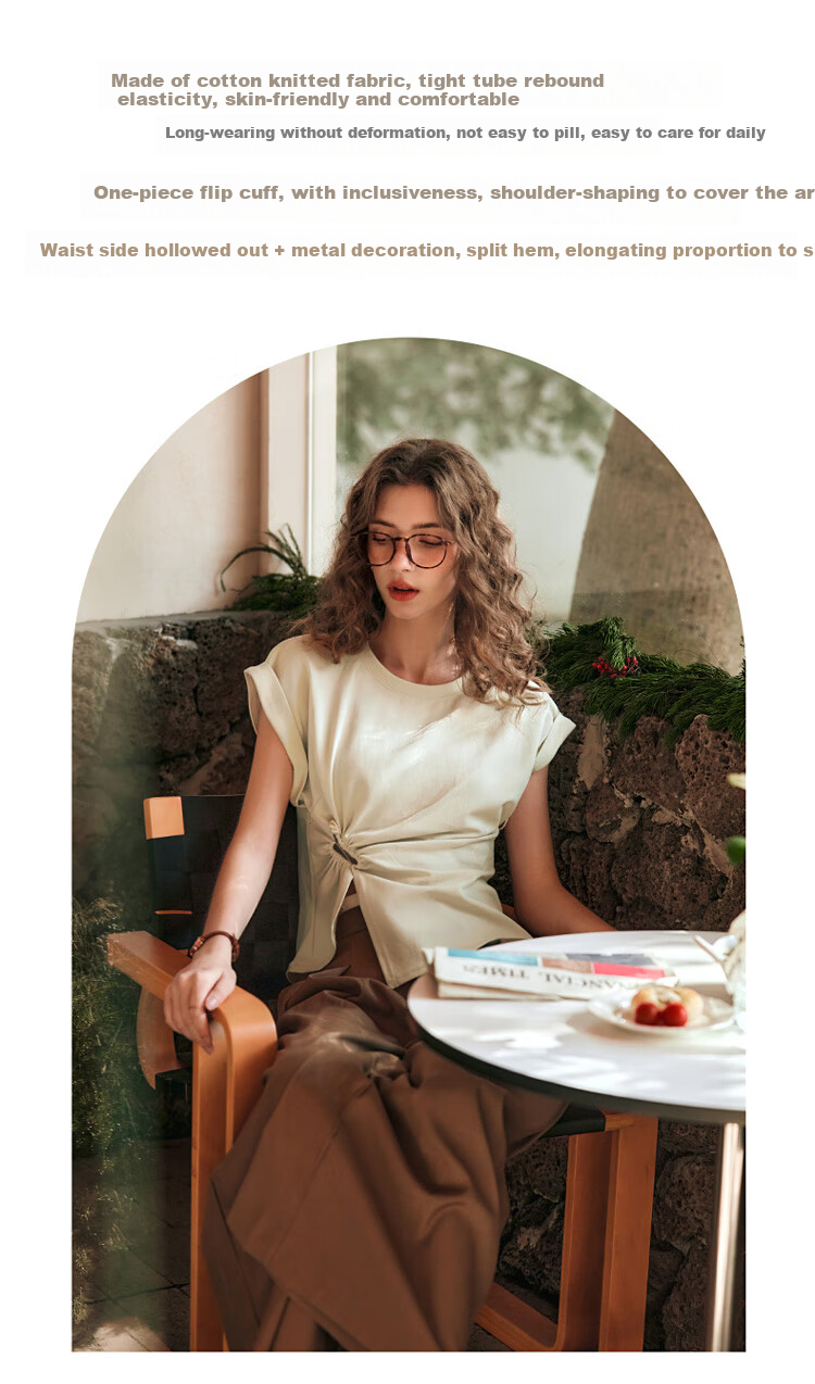 Olrain Irregular Pleated Waist-Tied T-Shirt Women's Summer Stylish Short Sleeve Top Milk Tea Color M 3