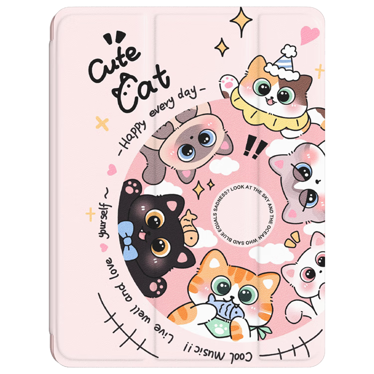 Keliman Tablet Case for Xiaomi Pad 7/7pro, Protective Cover for XiaomiPad 11.2-Inch with Pen Holder, Rotatable Tri-Fold Shockproof Cute Cartoon Design for Girls - Record Album Cat