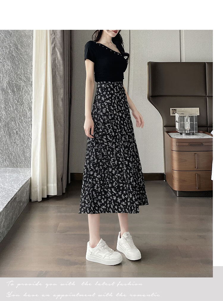 Awakening Paradise 2026 Summer New Slimming A-Line Mid-Length Skirt White Base Black Floral One Size 16