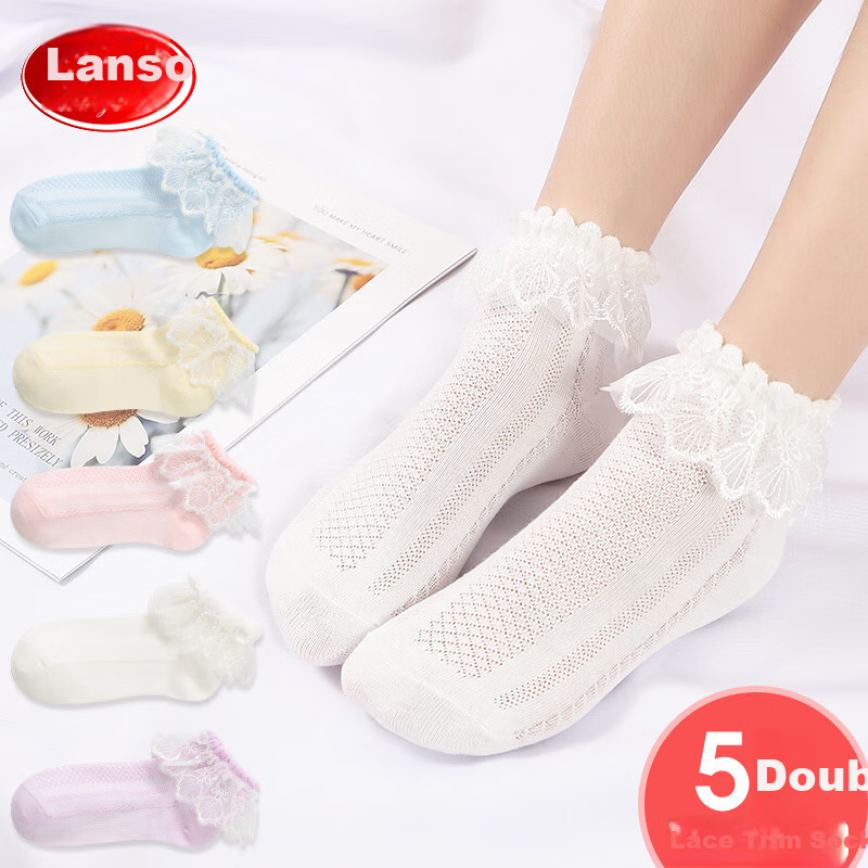 LangSha Children's Socks, Girls' Summer Thin Lace-Trimmed Dance Socks, Cute Versatile Princess Socks, White, 5 Pairs