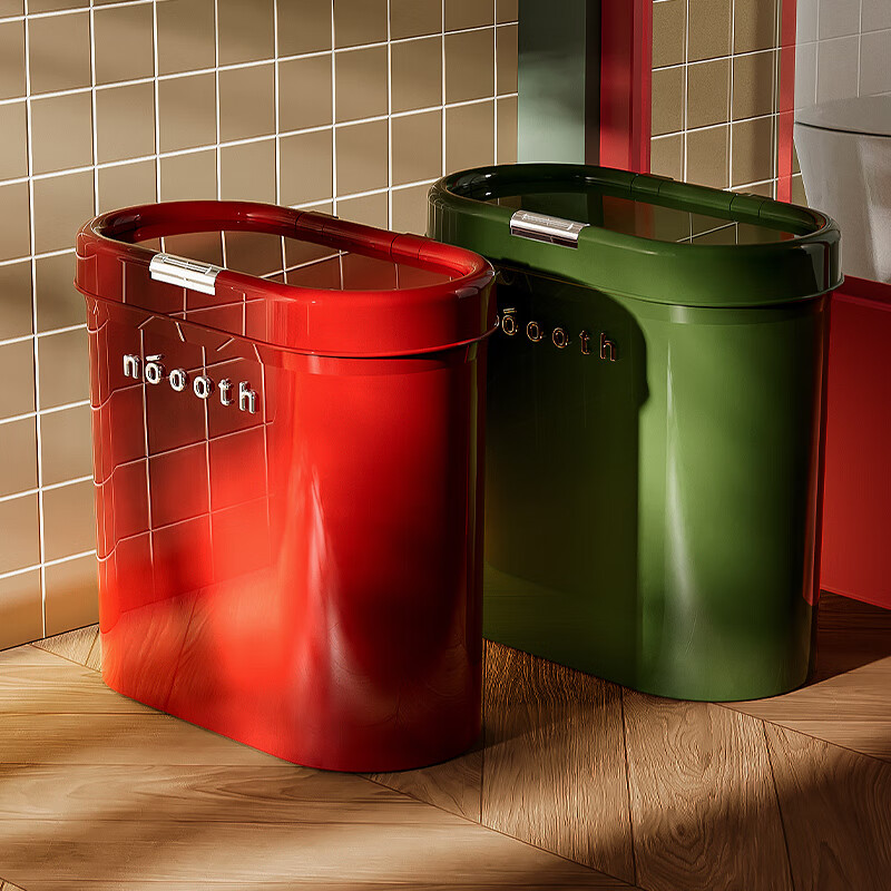Noshi Bathroom Trash Can with Lid, Narrow Gap High-Value Large Capacity Waste Bin for Toilet, Living Room, Kitchen - Red