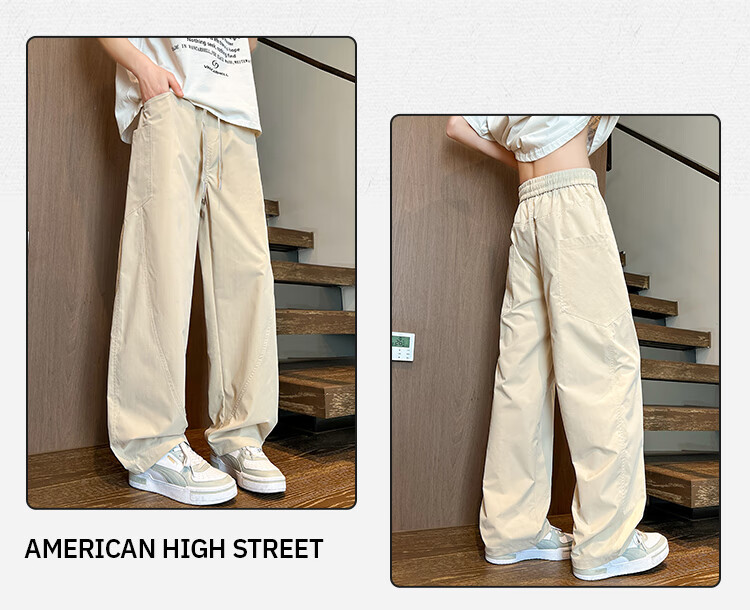 Homlean American-Style Curved Knife Casual Pants for Men, Summer Loose Trendy Wide-Leg Draping Heightening Straight-Leg Trousers GM07 Khaki M 4