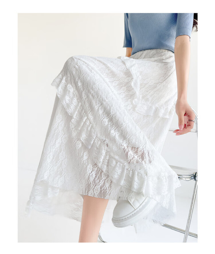 JEANSWEST Women's Autumn High-Waist A-Line Lace Splice Twill Slim Mesh Cake Skirt White M 6