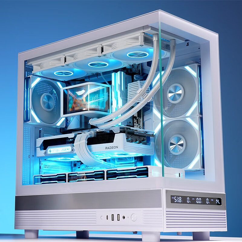 SAMA Jinghong Screen Version, White ATX Seaside View Gaming Computer Case, Hardware Status Display, 270° Panoramic View, Supports 360 Water Cooling, 9 Fan Positions, Type-C