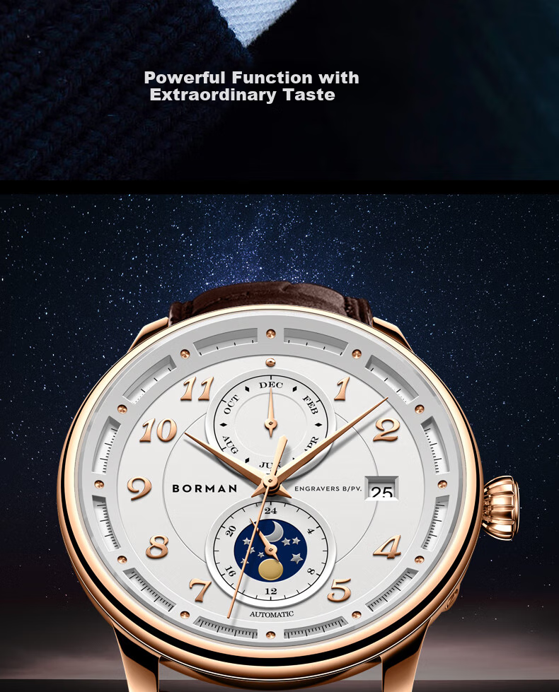 BORMAN BORMAN German Certified Men's Mechanical Watch, Fully Automatic Multifunctional Luxury Watch, Rose Gold Case with White Dial And Brown Leather Strap 8