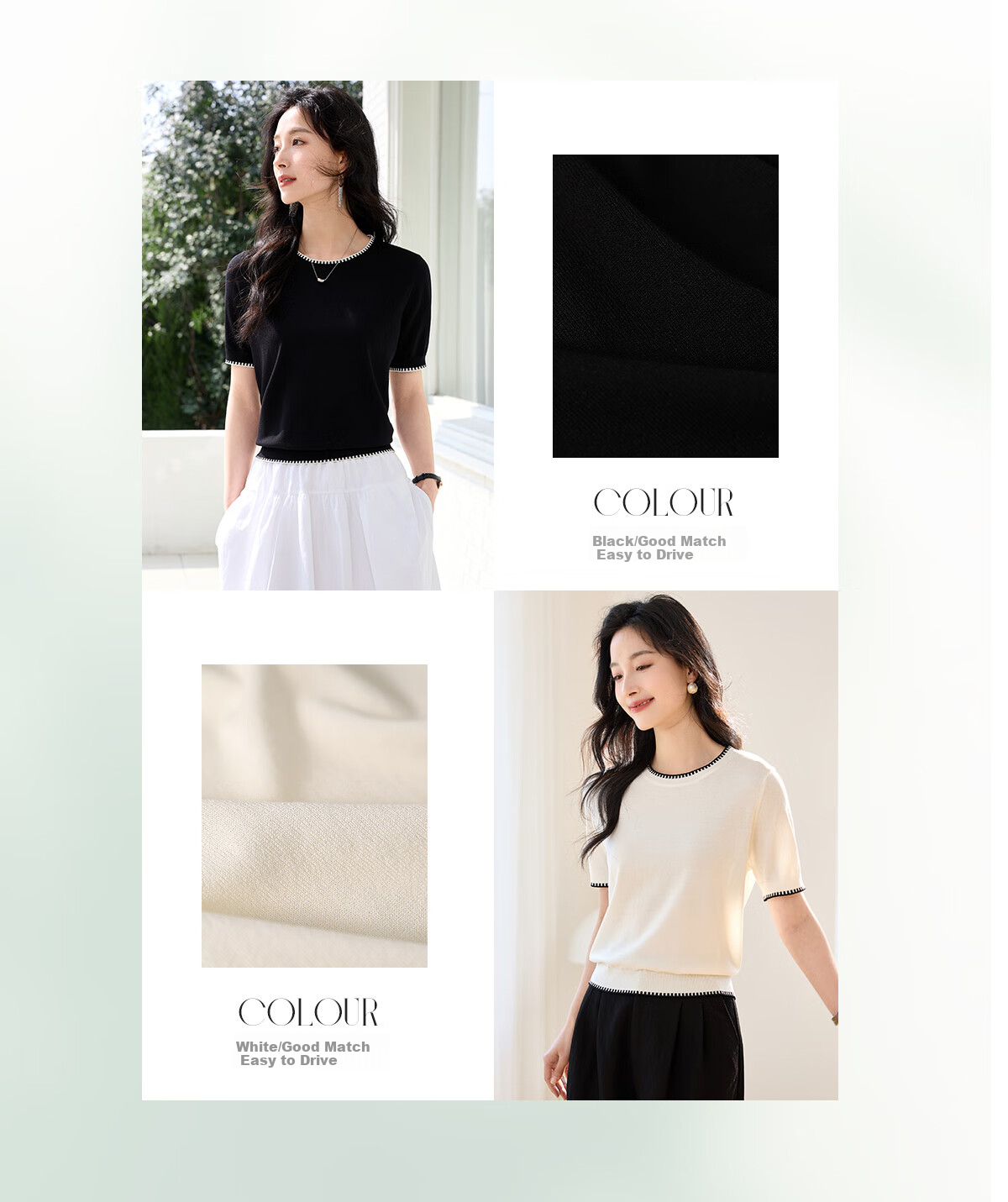 Chushen Summer Knitted Short-Sleeve T-Shirt for Women, Fashionable Round Neck Contrasting Color Design, Simple And Elegant Knitted Top Base Shirt S52T025 2