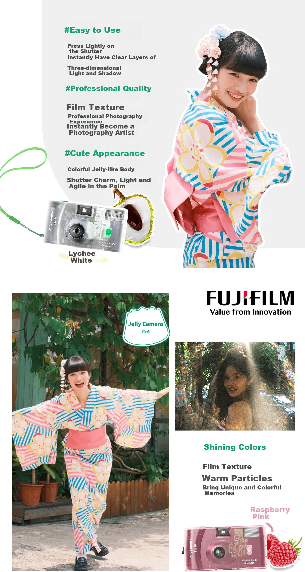 FUJIFILM Gelatin Camera, Film Camera, C400 Film Camera Gelatin Camera, Can Take 36 Photos, Lime Green, Transparent Film Camera, Disposable Film Camera 3
