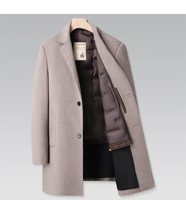 ROMON Men's Mid-Length Wool Cashmere Coat with Removable Goose Down Liner, Slim Fit, Autumn Winter 12