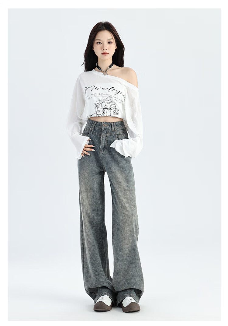 Langsha Women's Straight-Leg Jeans 2025 New High-Waist Petite Retro Premium Starry Pattern Narrow and Loose Wide-Leg Pants 17