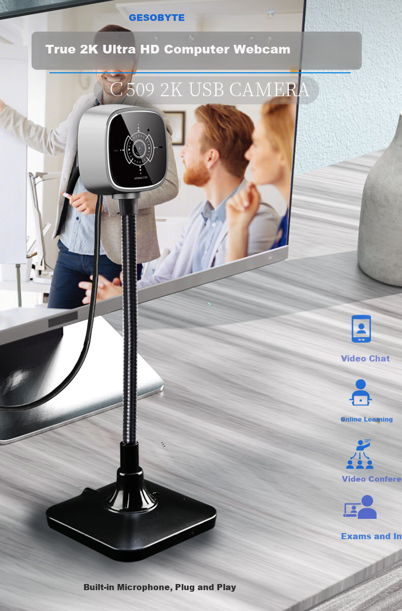 GESOBYTE C509 Bracket-Type 2K HD Live Streaming Computer Webcam Video Call Conference Online Teaching Home Laptop Desktop Built-In USB Interface Plug-And Microphone 1