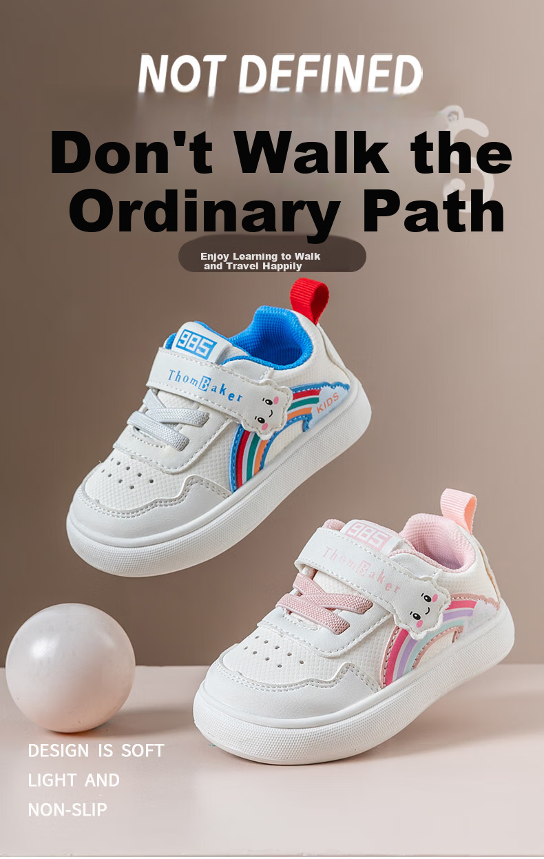 ThomBaker Baby Walking Shoes for Boys And Girls, Spring Season White Sneakers, Toddler Functional Shoes, Non-Slip for Ages 1-2, Sky Blue Rainbow Color, Size 16 2