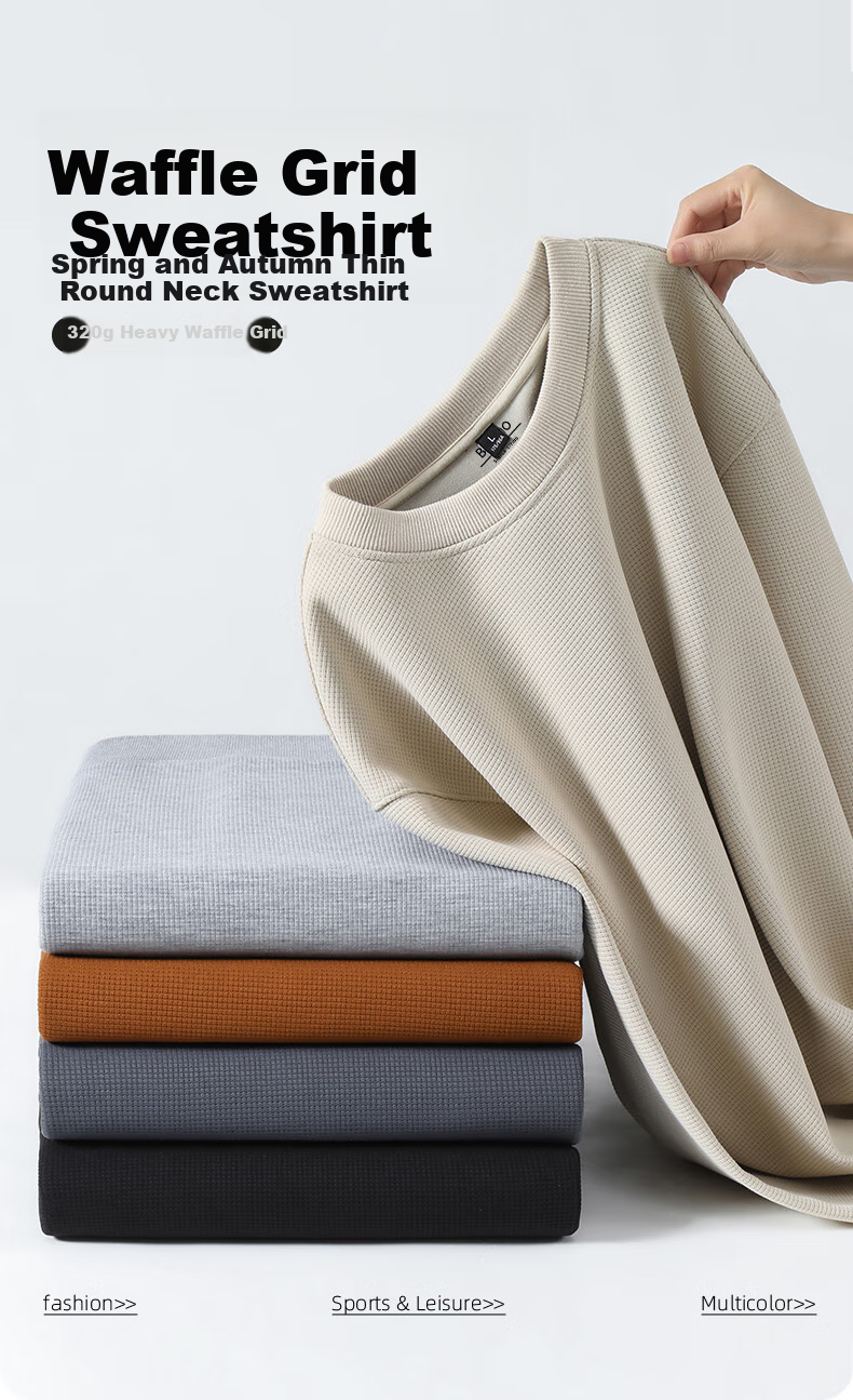 Baleno Waffle Knit Sweatshirt for Men, Autumn Season, 320g Heavyweight, Black Round Neck Long Sleeve, Simple Versatile Inner Layer, Loose-Fitting Draping Top 3