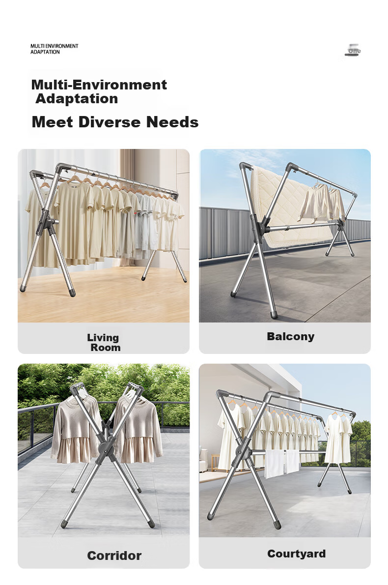 Baoyouni Floor-Standing X-Shaped Stainless Steel Folding Extendable Clothes Drying Rack for Indoor Balcony Home Use, Quilt Drying Tool Hanger Rod 9